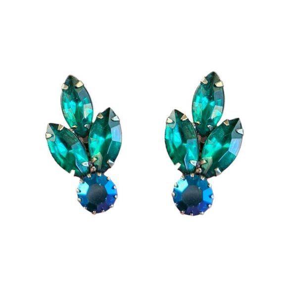 Juliana Jewelry - Vintage D&E Juliana Rhinestone Green & Blue Mid-century Modern Clip-on Earrings
